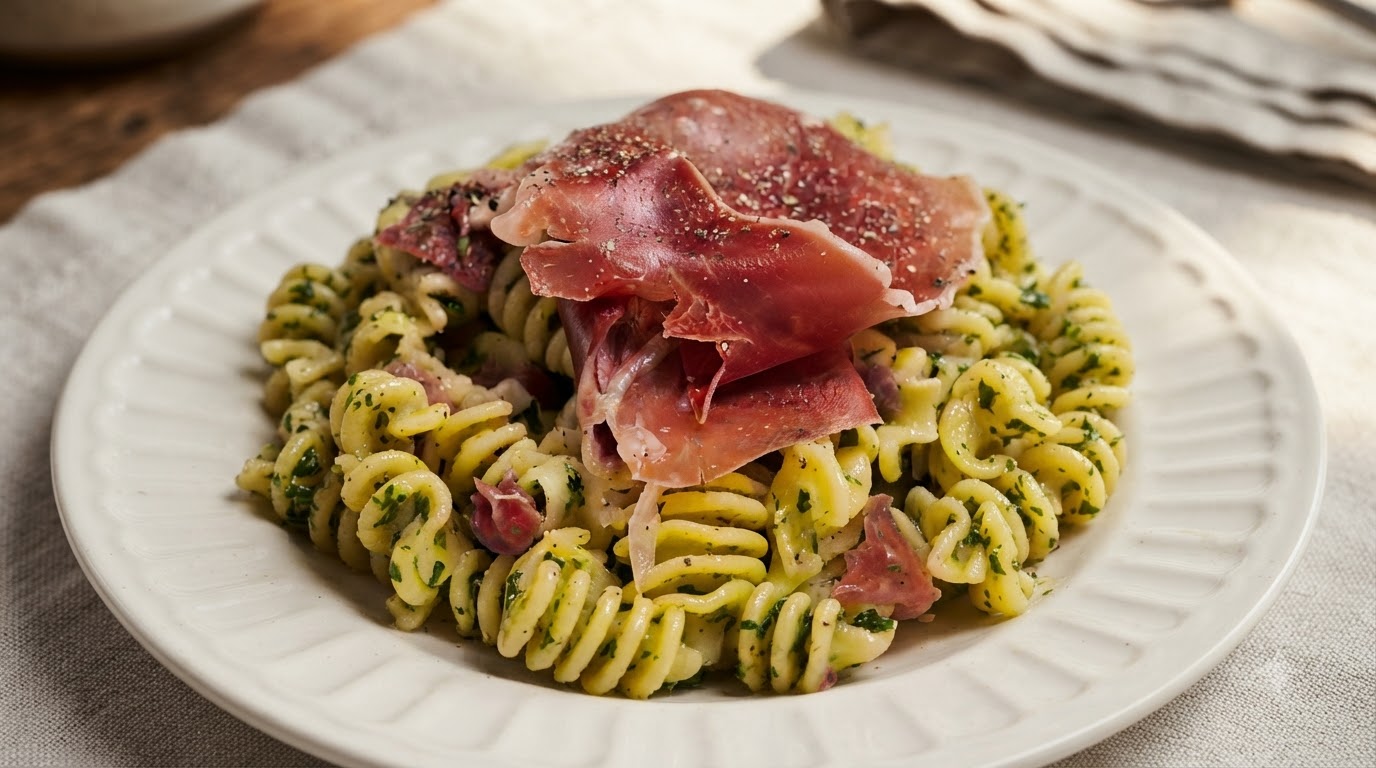 Un piatto di pasta a spirale con burro ed erbe, guarnito con una fetta di prosciutto crudo piegata ad arte e pepe nero macinato.