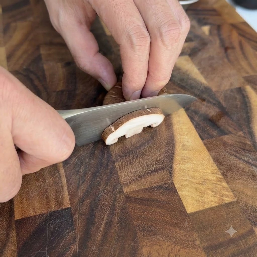 Funghi shiitake tagliati a fette spesse su un tagliere di legno.