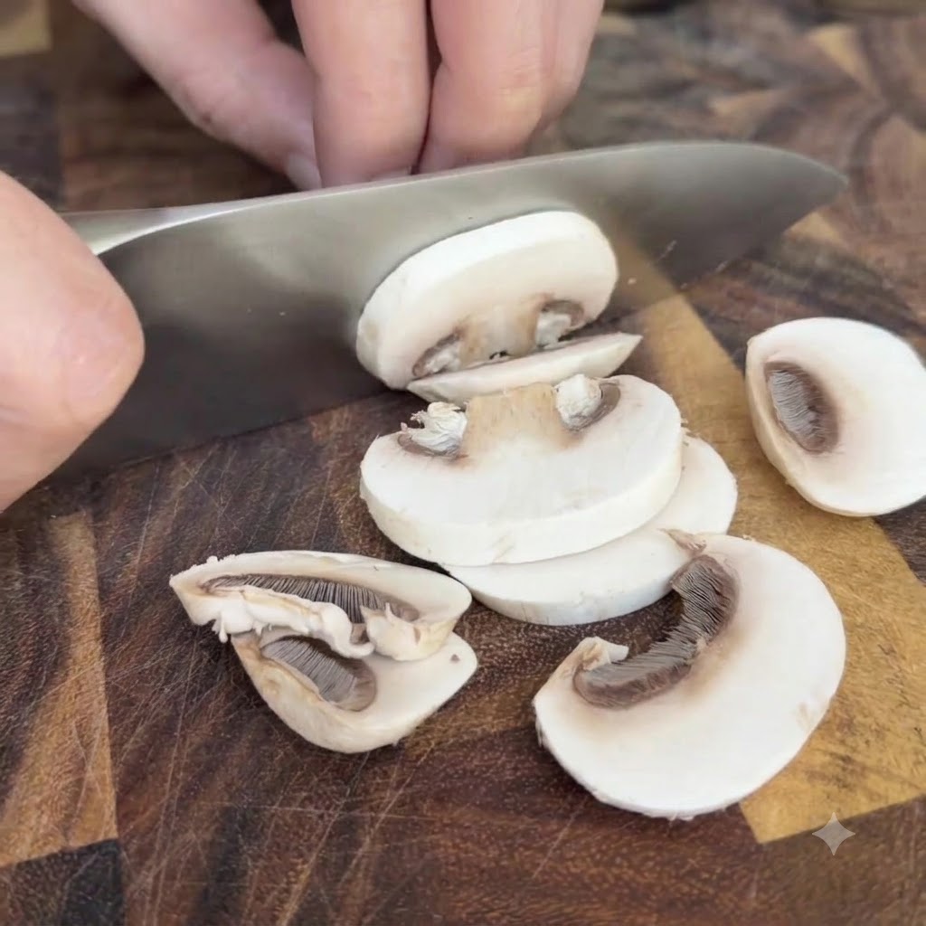 Funghi champignon bianchi tagliati a pezzi spessi su un tagliere di legno.