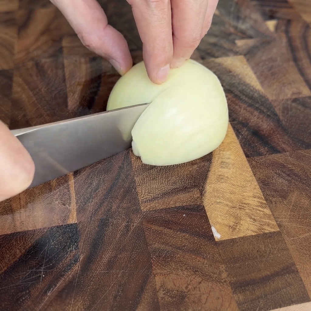 Mezza cipolla bianca tritata finemente su un tagliere di legno.