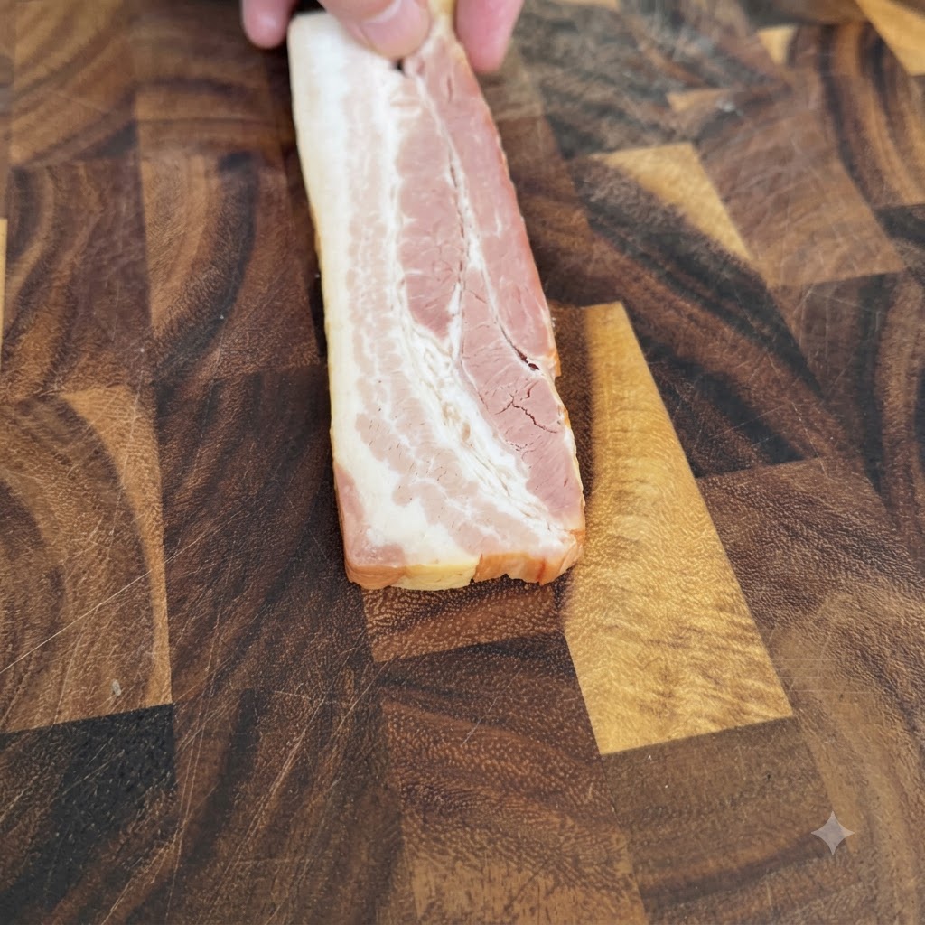 Una fettina di pancetta tagliata a piccoli pezzi su un tagliere di legno.