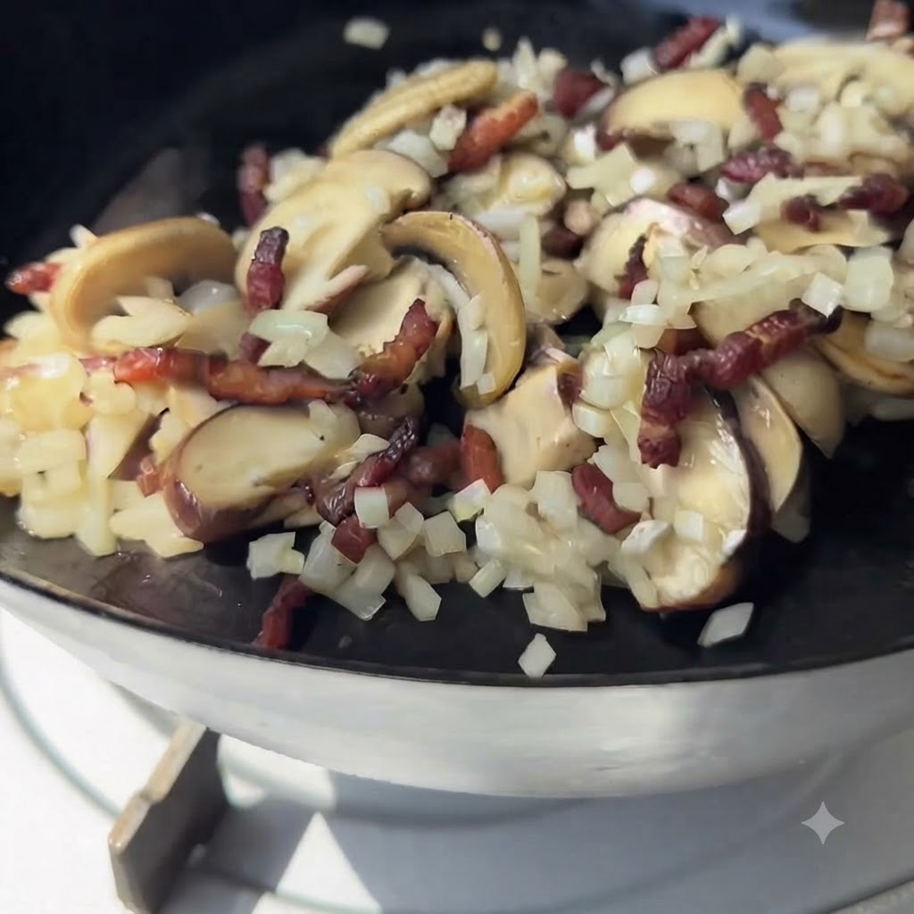Primo piano di vino bianco versato su un miscuglio di funghi, cipolle e pancetta allinterno di una padella.