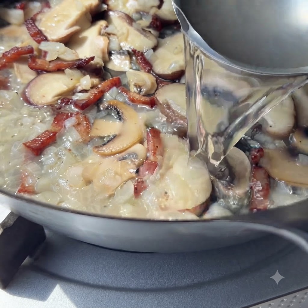 Un meticoloso mestolo che versa acqua di cottura amidacea della pasta in una padella riempita con funghi affettati, cipolle e pancetta.