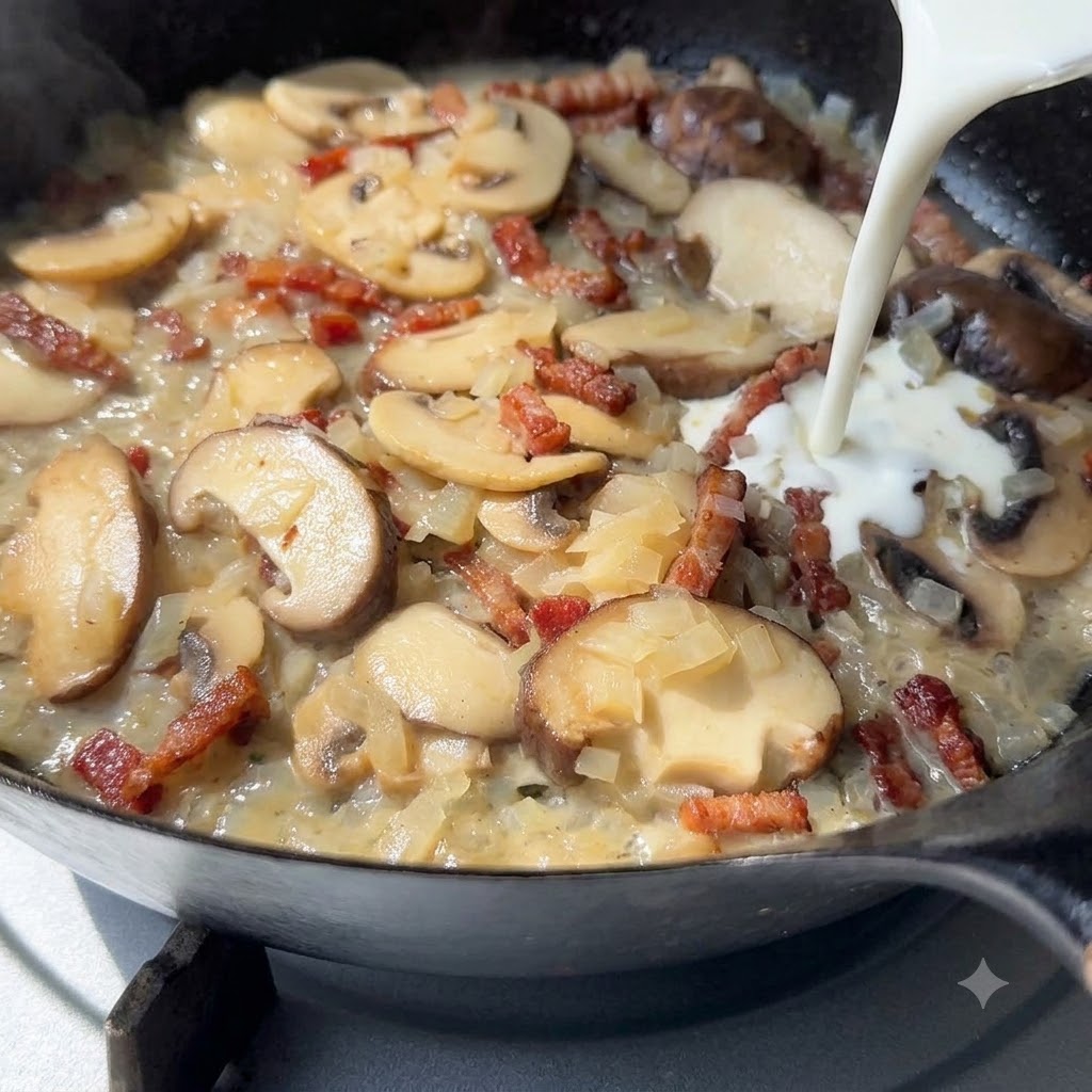 Panna da cucina versata da una brocca bianca in una padella contenente funghi affettati e cipolle.