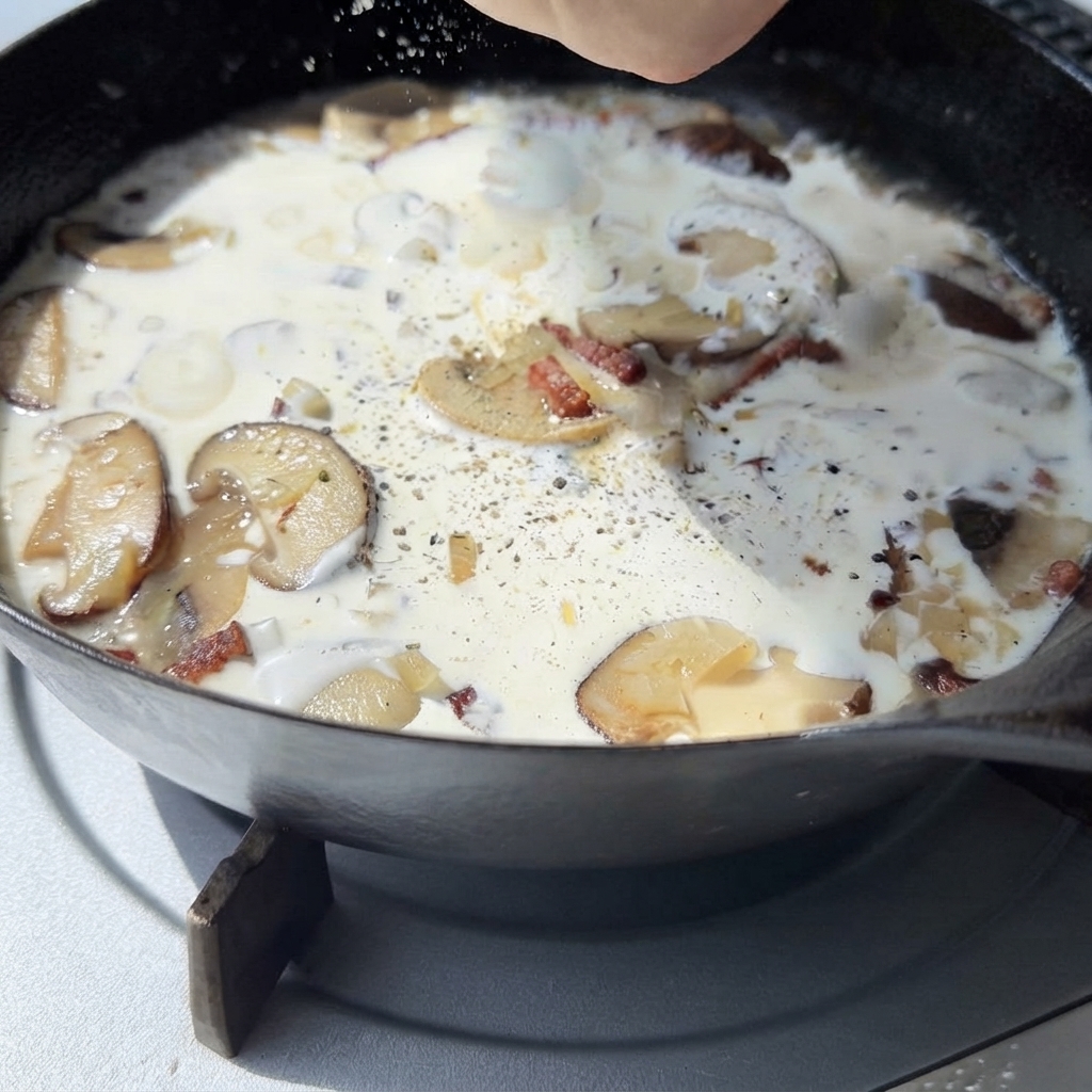 Scaglie di pepe nero cosparse da un macinino su una salsa cremosa di funghi allinterno di una padella.