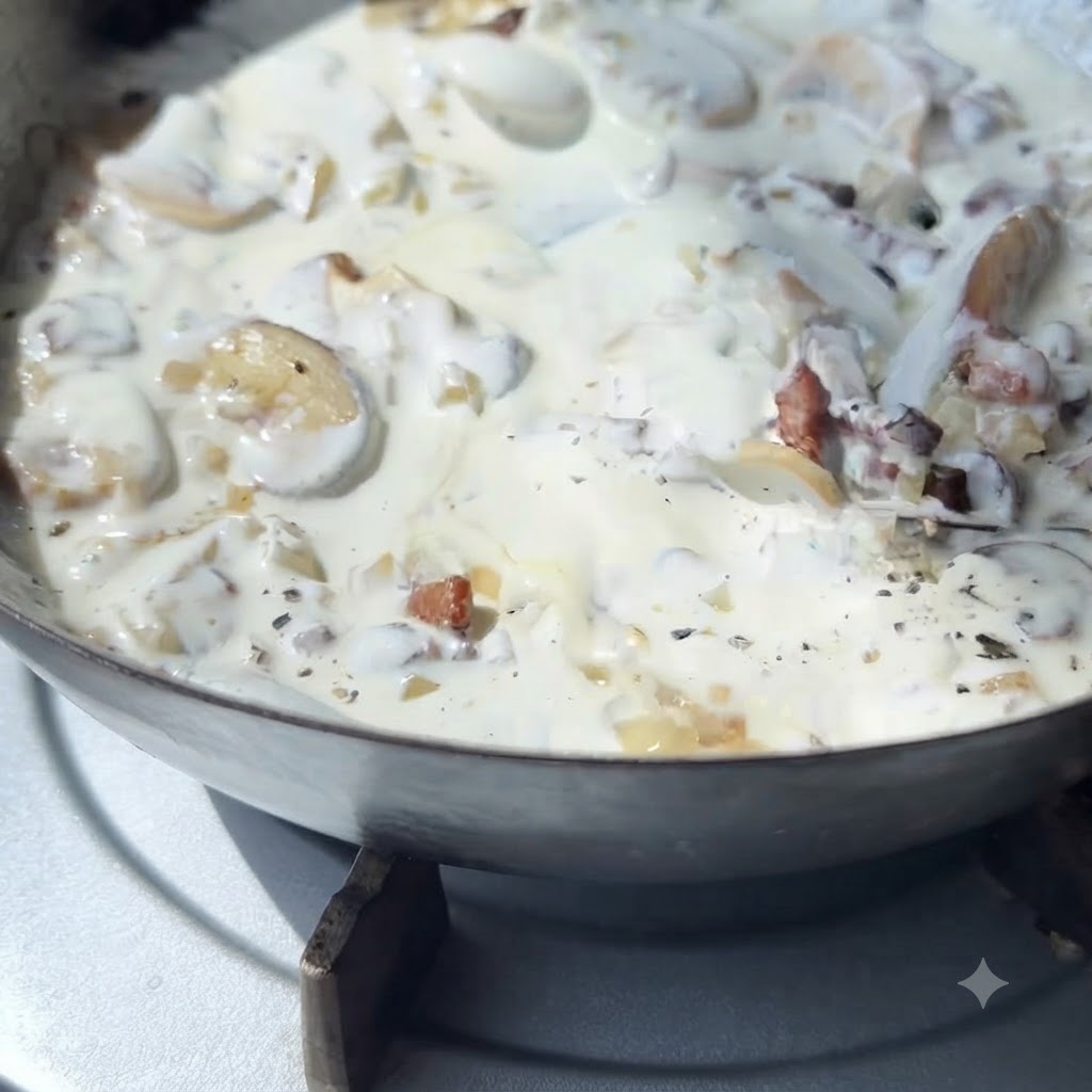 Panna da cucina che sobbolle in una padella con funghi saltati, cipolle e pezzi di pancetta croccante.