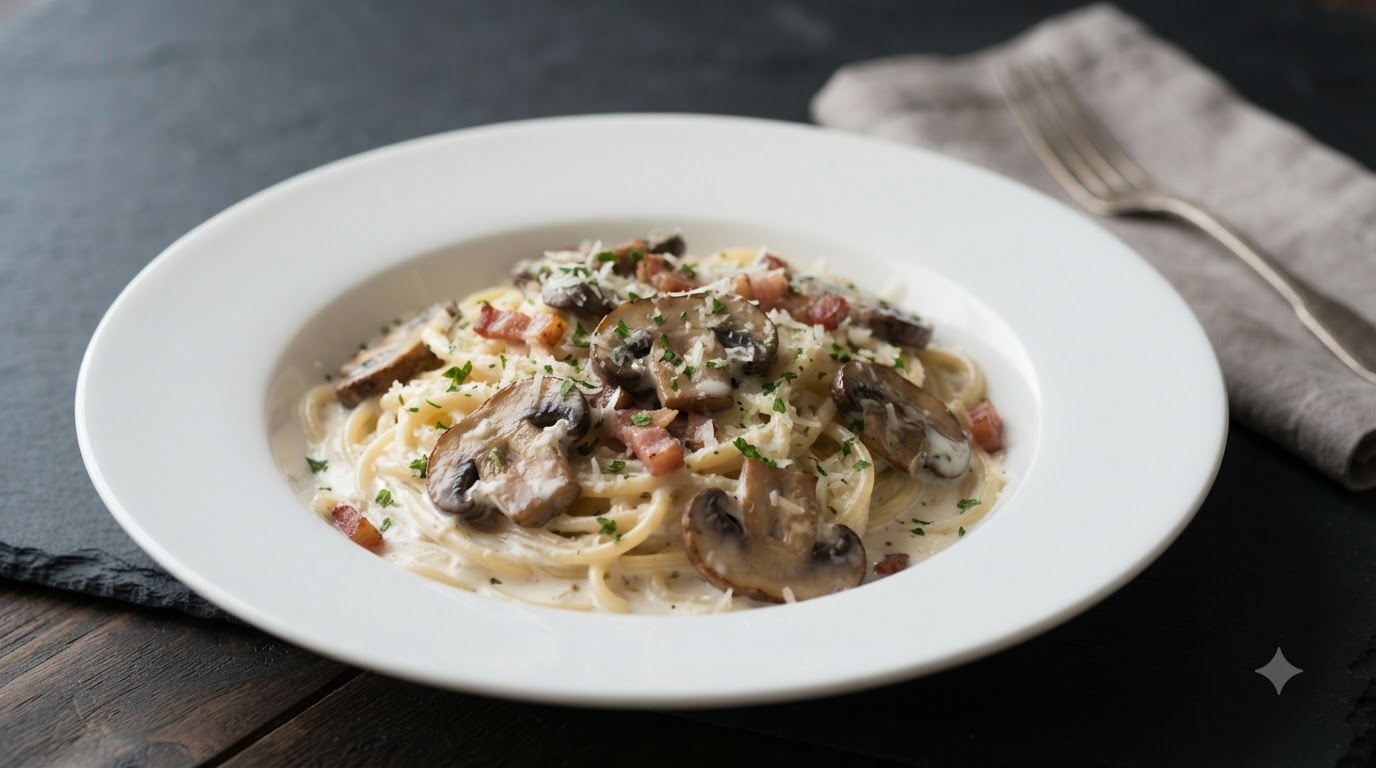 Spaghetti Cremosi con Funghi e Pancetta