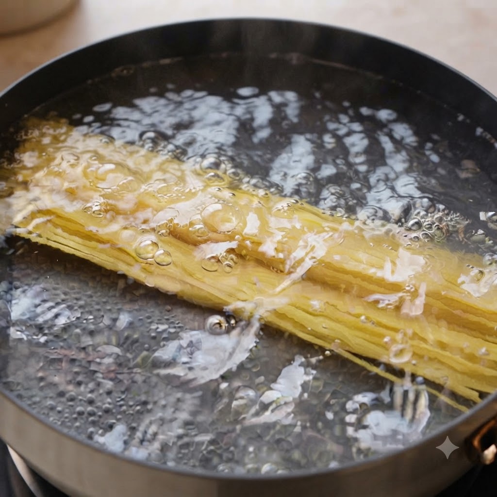 Spaghetti secchi che si bagnano e bollono in una pentola di acqua calda e bollente.