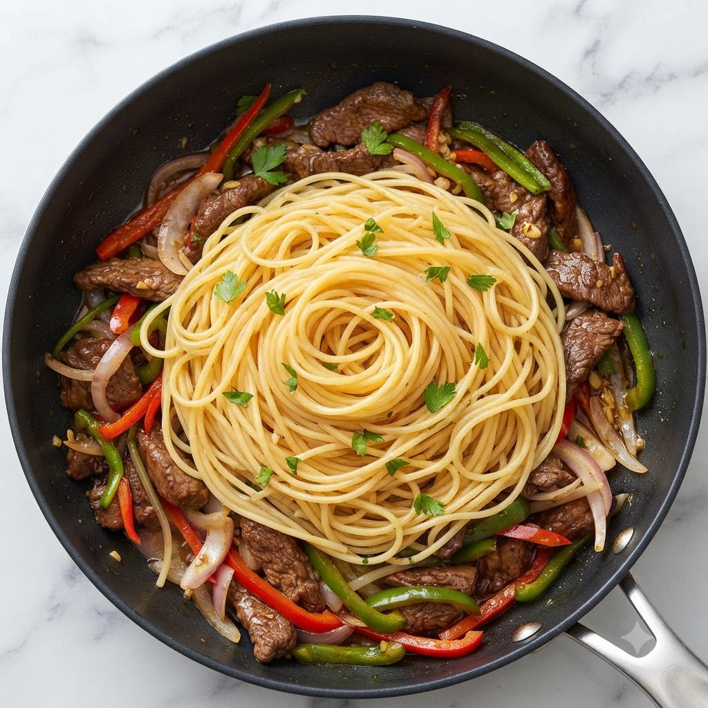 Vista dallalto di spaghetti cotti adagiati tra manzo e peperoni affettati in una grande padella.