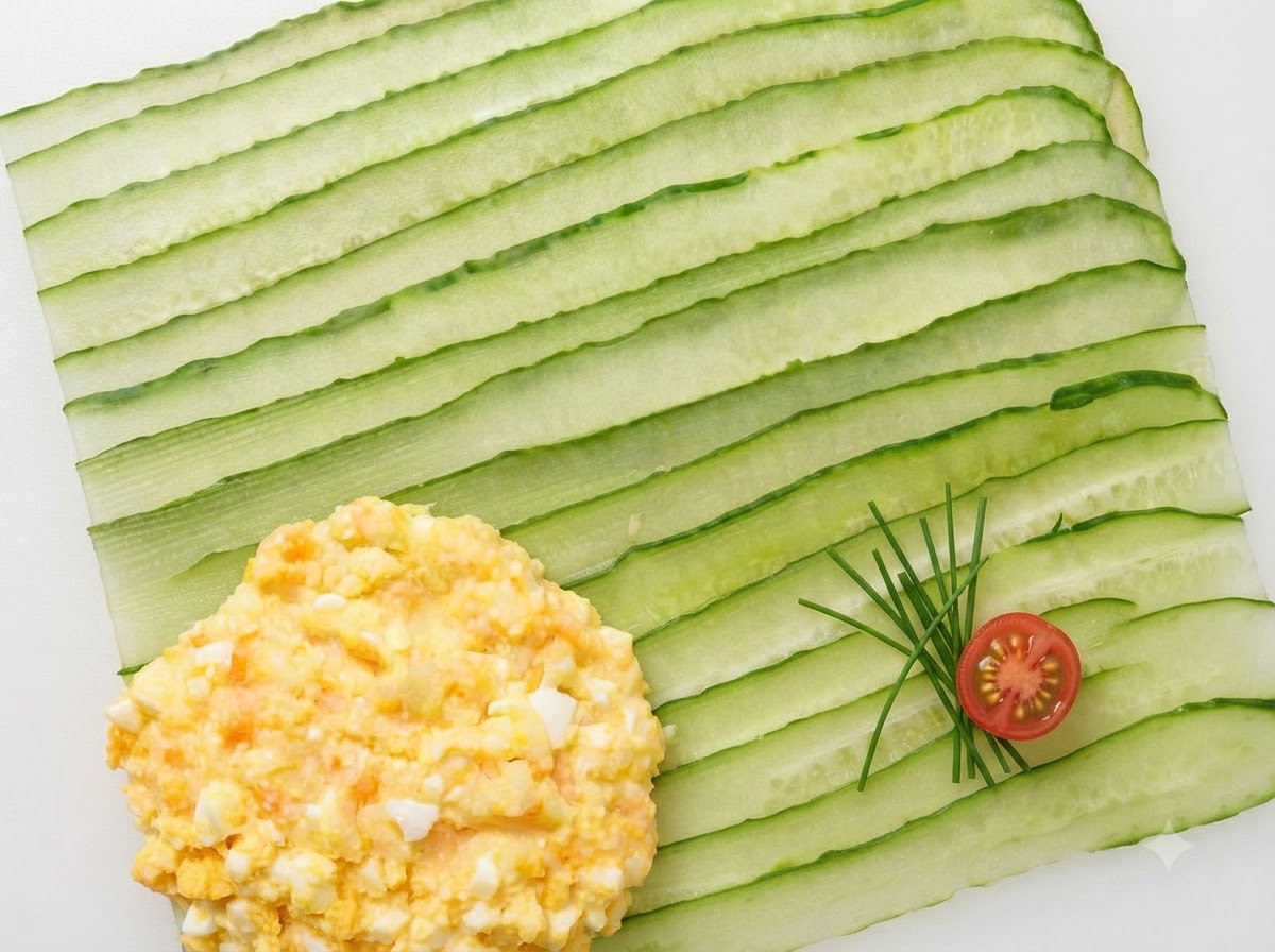 Insalata di patate e uova schiacciate spalmata su uno strato piatto di strisce di cetriolo verde.