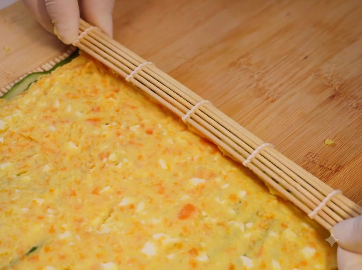 Un tappetino di sushi in bambù utilizzato per arrotolare strettamente linsalata a strati di cetrioli e patate.