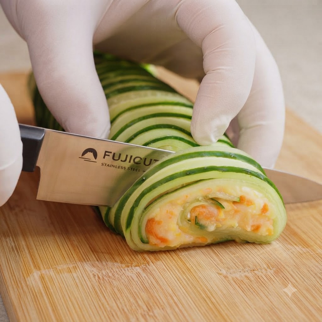 Un coltello affilato che taglia un rotolo di insalata di cetrioli e patate su un tagliere.