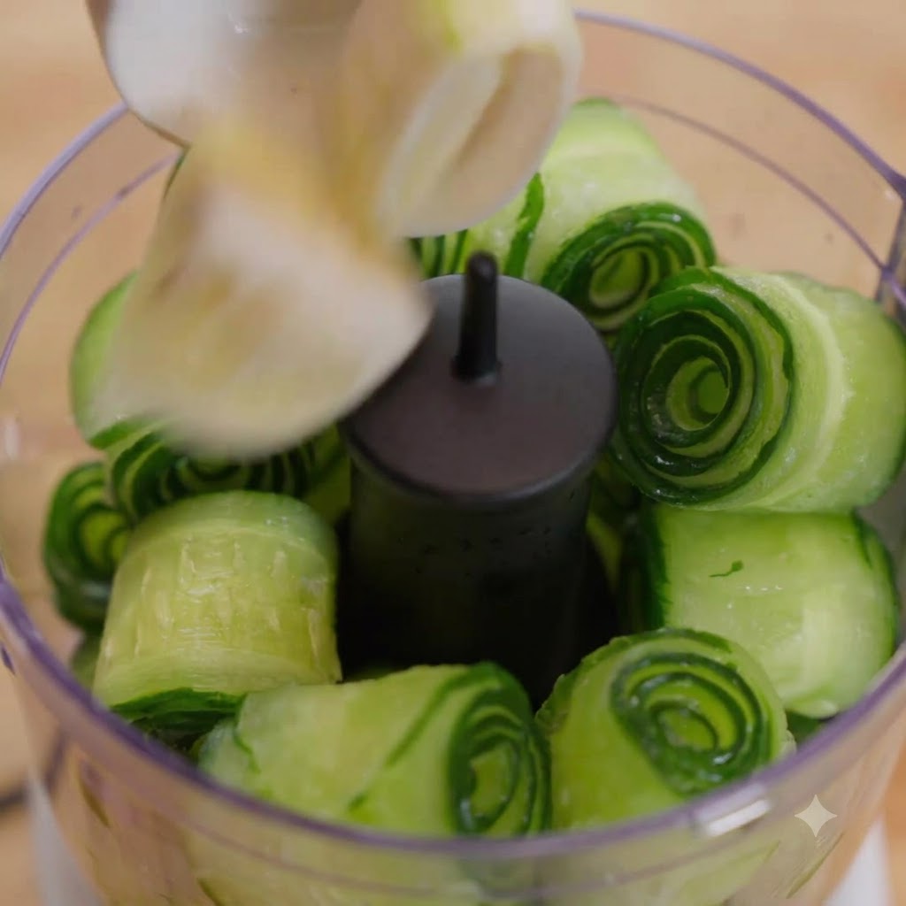 Primo piano di un robot da cucina che frulla involtini di cetriolo e limone in una purea verde.