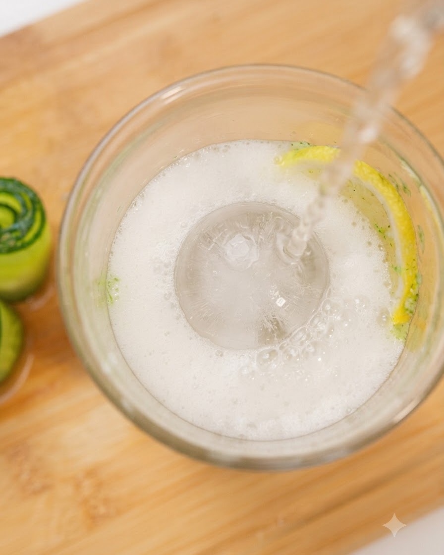 Sprite versata su una grande sfera di ghiaccio, una fetta di limone e purea di cetriolo in un bicchiere.