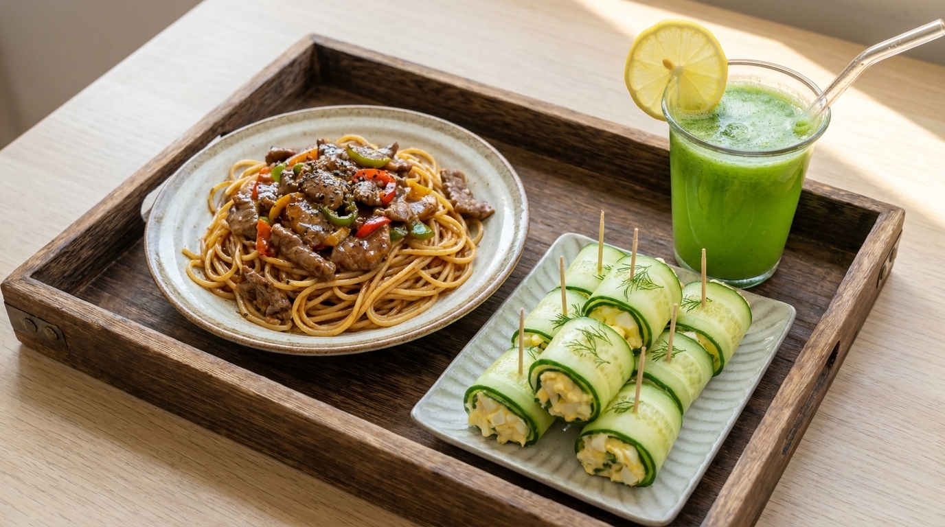 Pasta con bistecca al pepe nero, involtini di insalata di cetrioli e bevanda al cetriolo