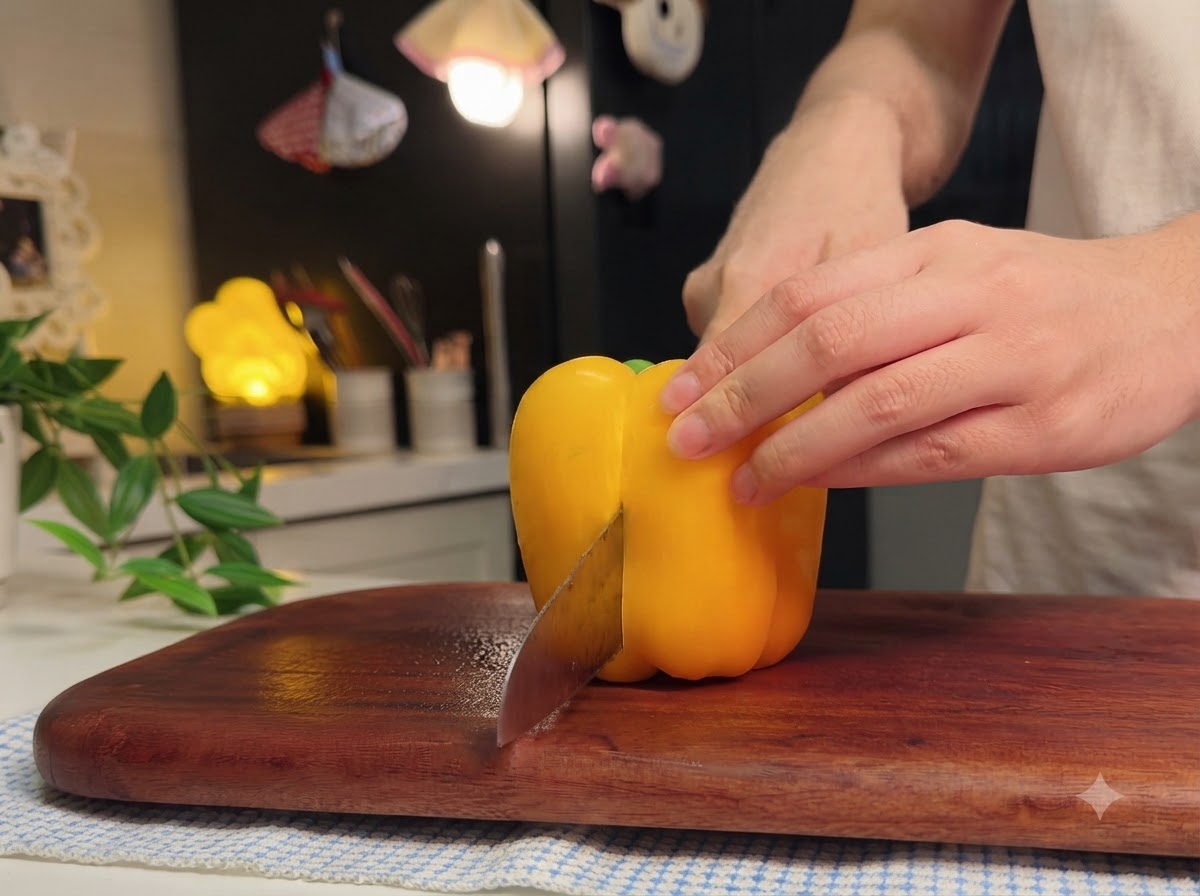 Un peperone giallo tagliato a strisce uniformi su un tagliere di legno.