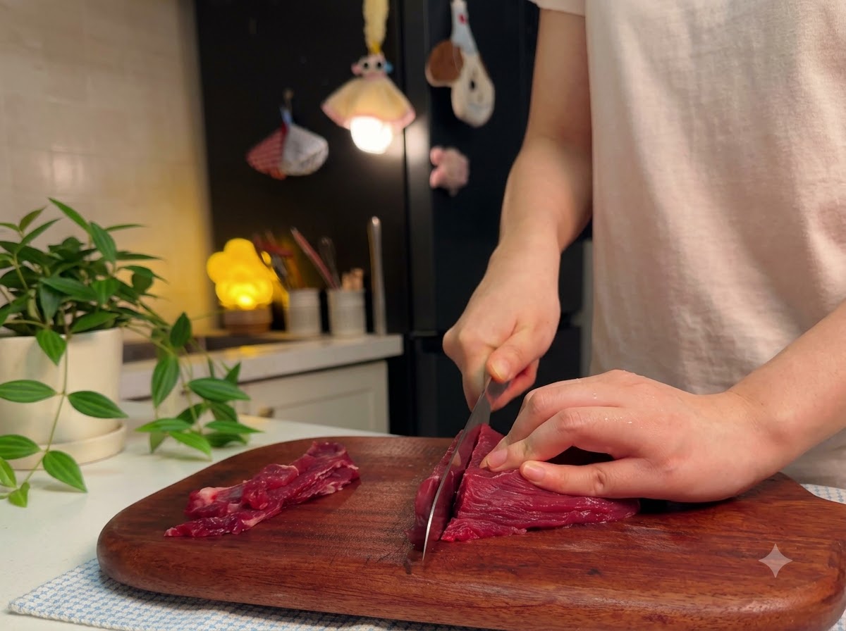 Filetto di manzo tagliato a strisce sottili su un tagliere di legno.