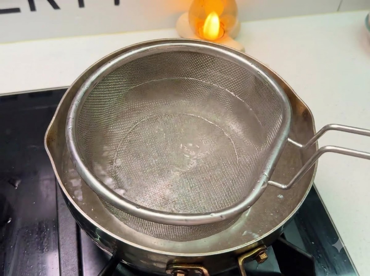 Un colino posizionato dentro una pentola di acqua bollente pronto per cuocere la pasta.