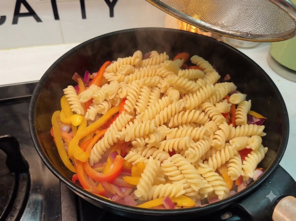 Pasta fusilli a spirale versata nella padella sopra il mix di verdure cotte.