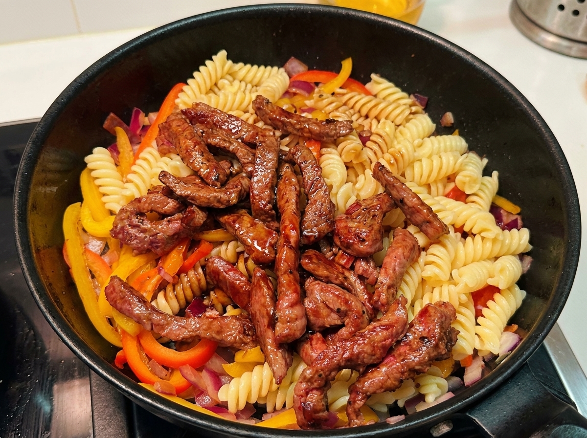 Salsa marrone ricca versata in una padella piena di pasta a spirale cotta, manzo affettato e peperoni colorati.