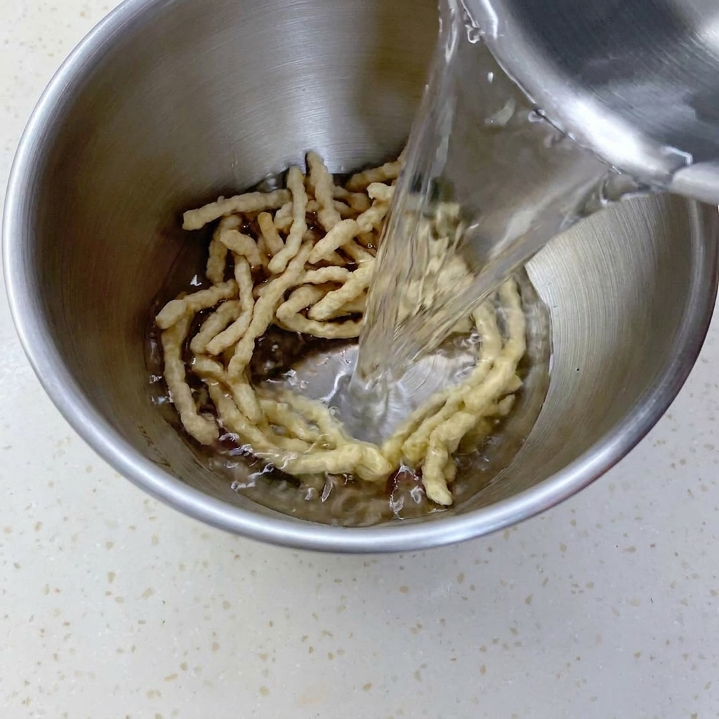 Acqua versata da una brocca di metallo in una ciotola di acciaio inossidabile contenente strisce di proteine vegetali disidratate.
