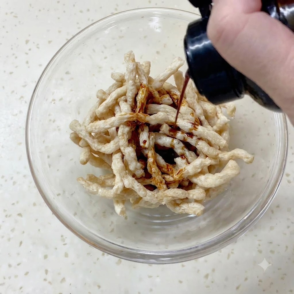 Salsa di soia versata da una bottiglia su strisce di proteine vegetali in una ciotola di vetro.