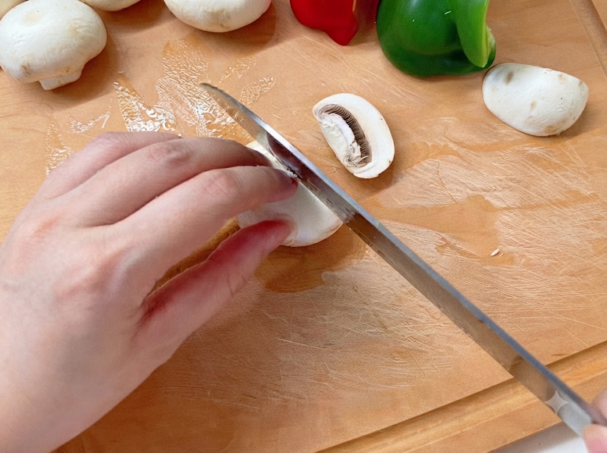 Una mano che reggia un coltello per affettare un fungo bianco su un tagliere di legno accanto ai peperoni.