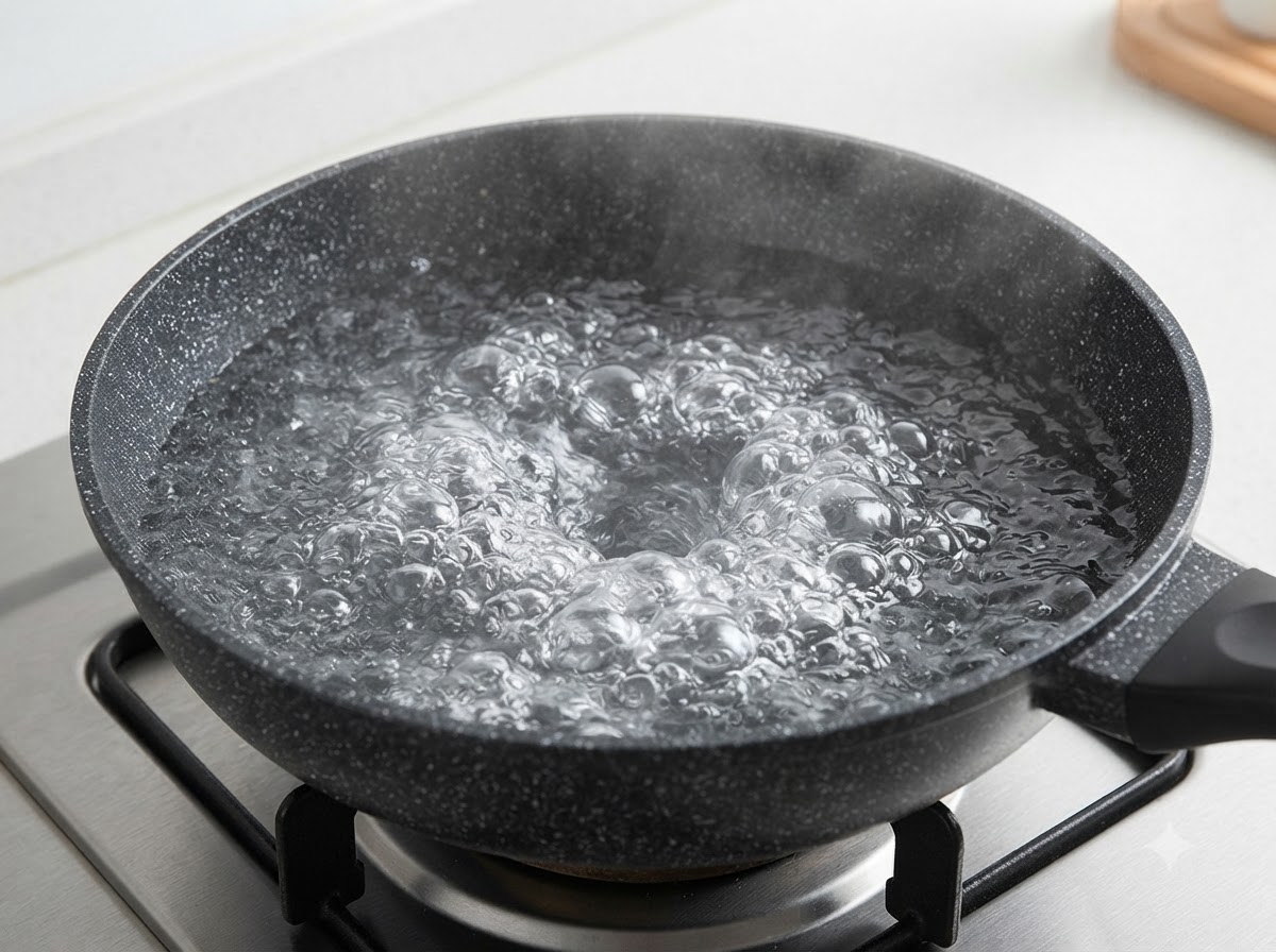 Una pentola di acqua bollente con bolle vigorose su un fuoco della cucina.