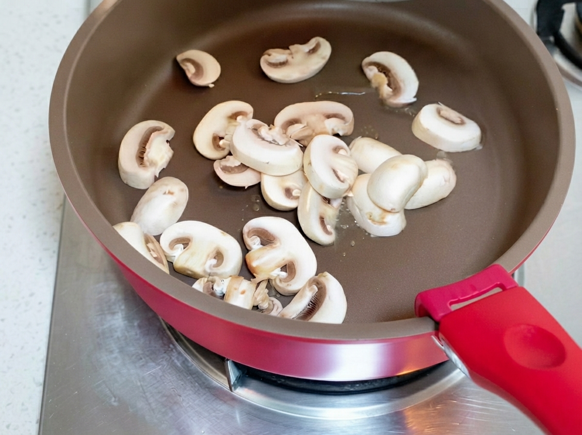 Fette di funghi bianchi che sfrigolano in una padella marrone su un fornello.