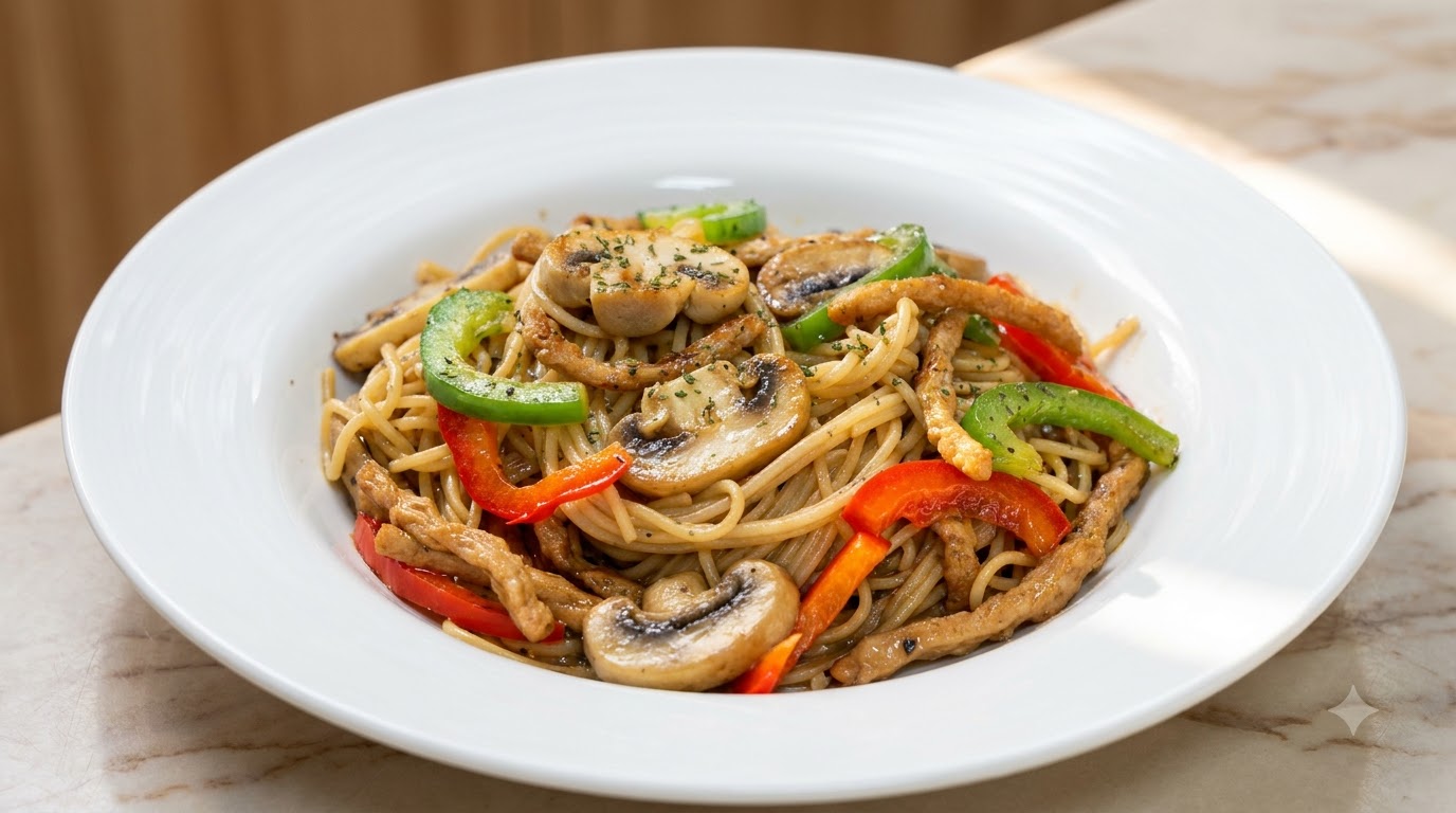 Spaghetti al Pepe Nero con Strisce di Proteine Vegetali