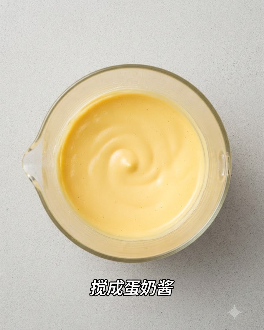 Una crema liscia e densa a base di uova e formaggio allinterno di un contenitore di vetro, vista dallalto.