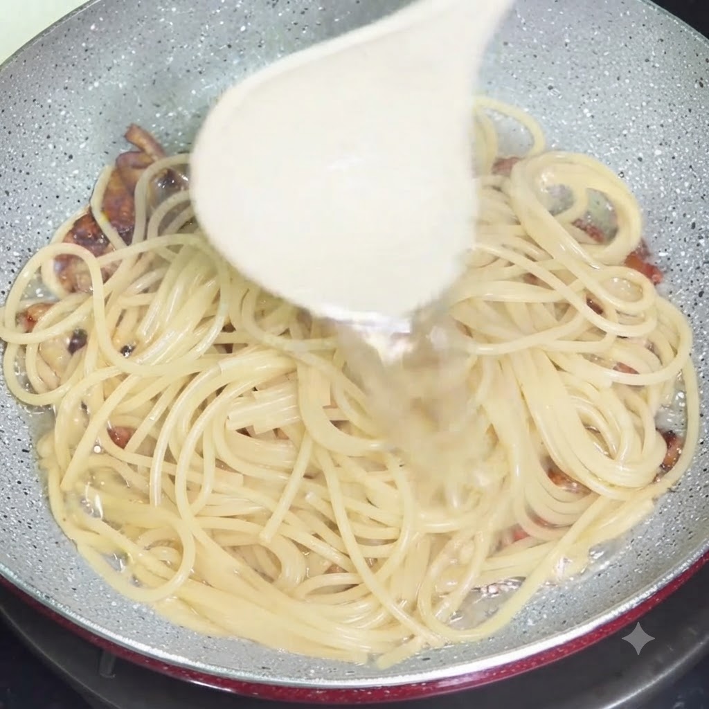 Un mestolo bianco che versa acqua di cottura ricca di amido in una padella con spaghetti e guanciale.