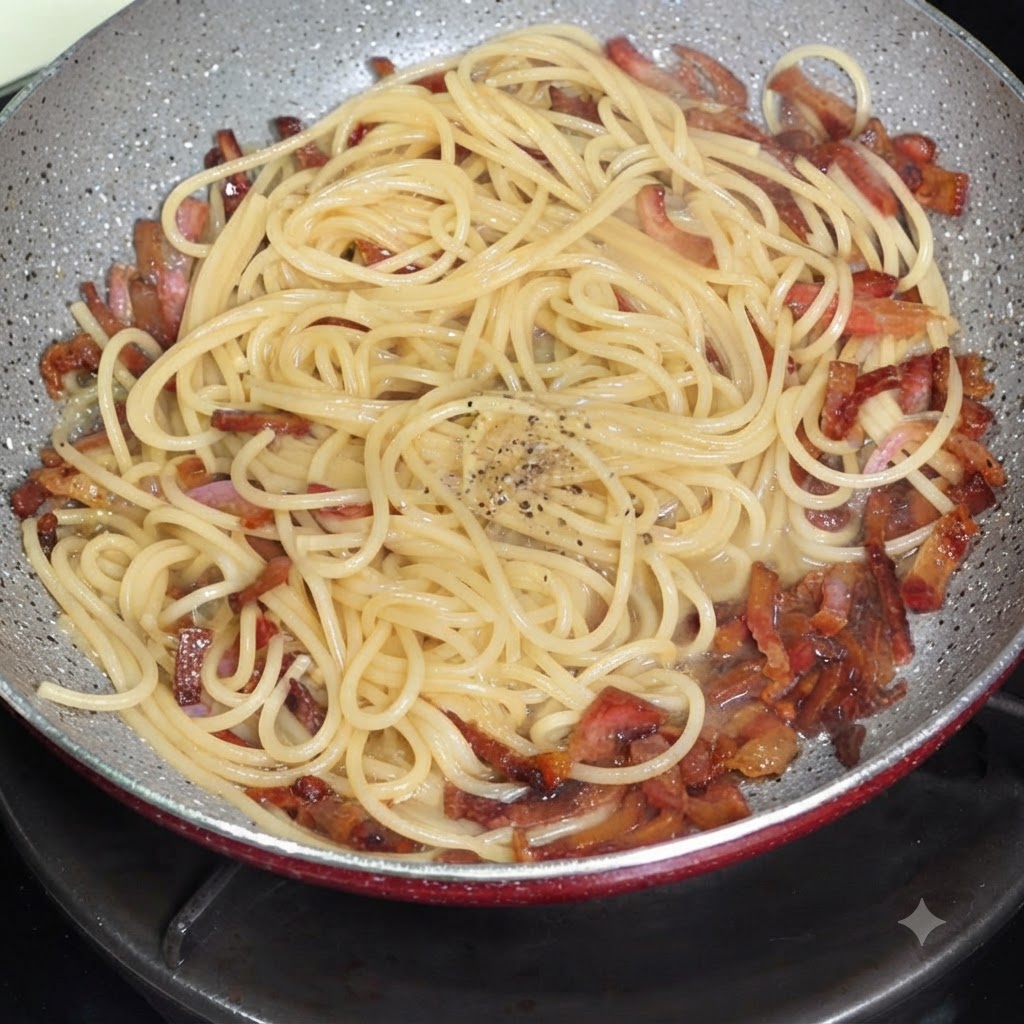 Pepe nero e crema di tuorli e formaggio adagiati sugli spaghetti in una padella.