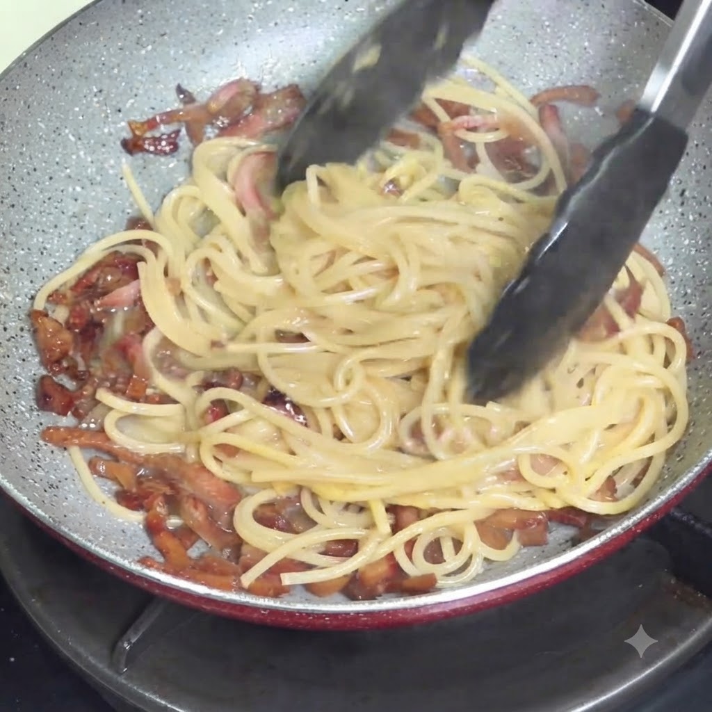 Una pinza che mescola spaghetti e salsa in padella, lontano dal calore, per creare una consistenza cremosa.