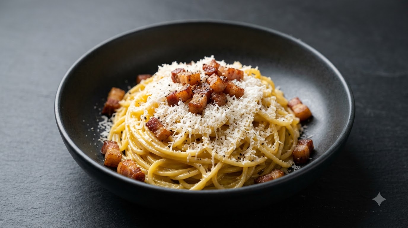 Un piatto di autentica carbonara condito con cubetti di guanciale croccante e una generosa spolverata di formaggio.