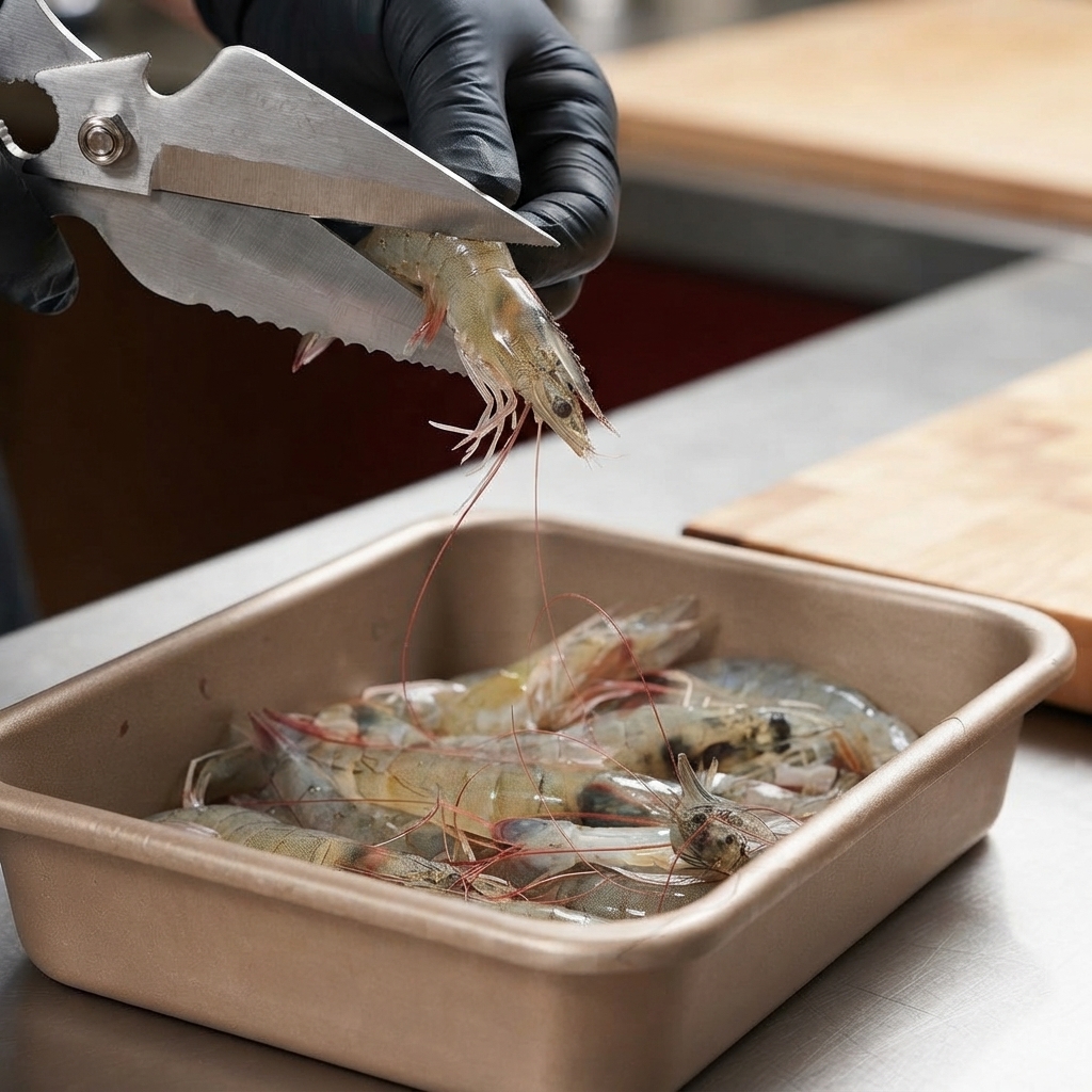 Forbici da cucina che tagliano la testa di un gambero crudo sopra un vassoio di bronzo pieno di gamberi.