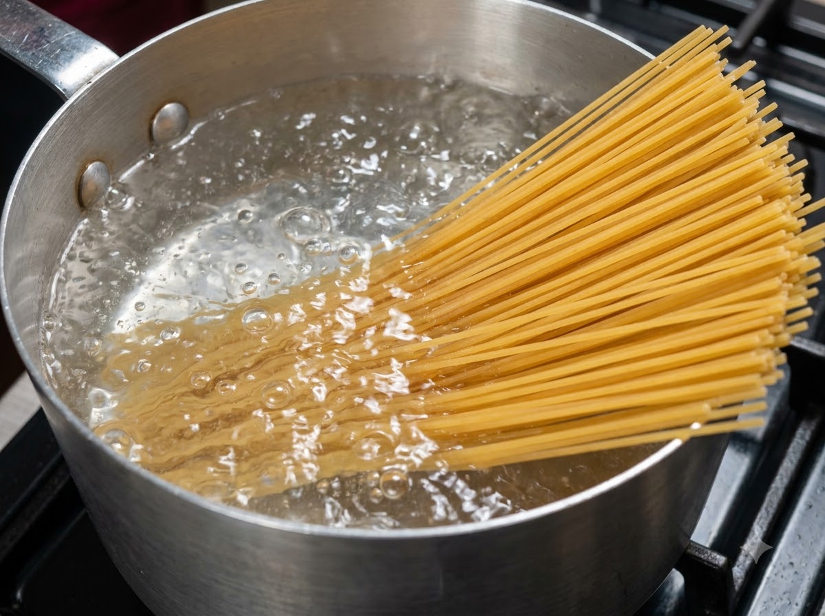 Un mazzo di spaghetti secchi aperti a ventaglio che si immergono in una pentola di acqua in ebollizione.