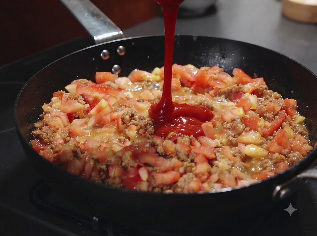 Pomodori freschi a dadini mescolati con la carne rosolata in una padella con del ketchup rosso versato sopra.