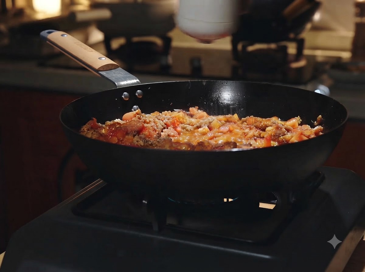 Condimento spolverato da uno spargisale sul sugo gorgogliante di carne e pomodoro in un wok.