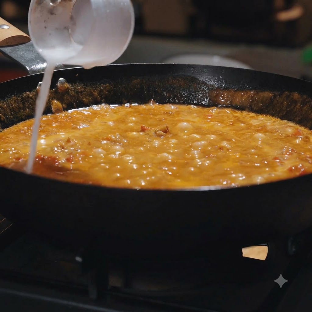 Una miscela bianca di acqua e amido di mais viene versata nella padella del sugo gorgogliante.