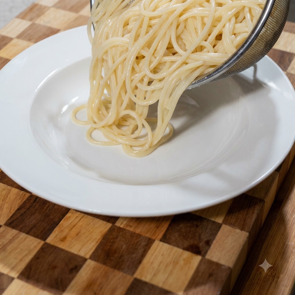 Spaghetti scolati che vengono versati da un colino a maglie su un grande piatto bianco.