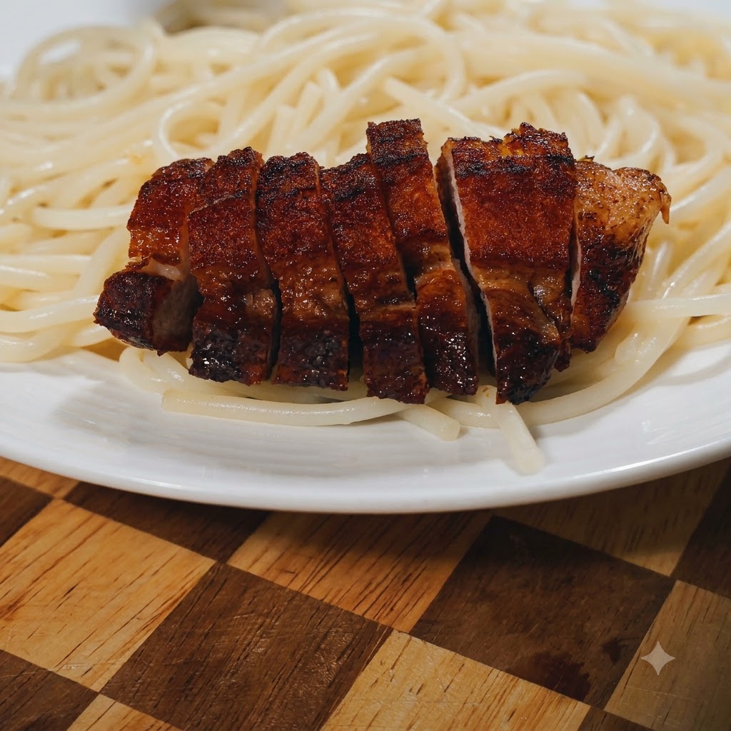 Fette di pancetta di maiale fritta e croccante disposte ordinatamente sopra un letto di spaghetti.