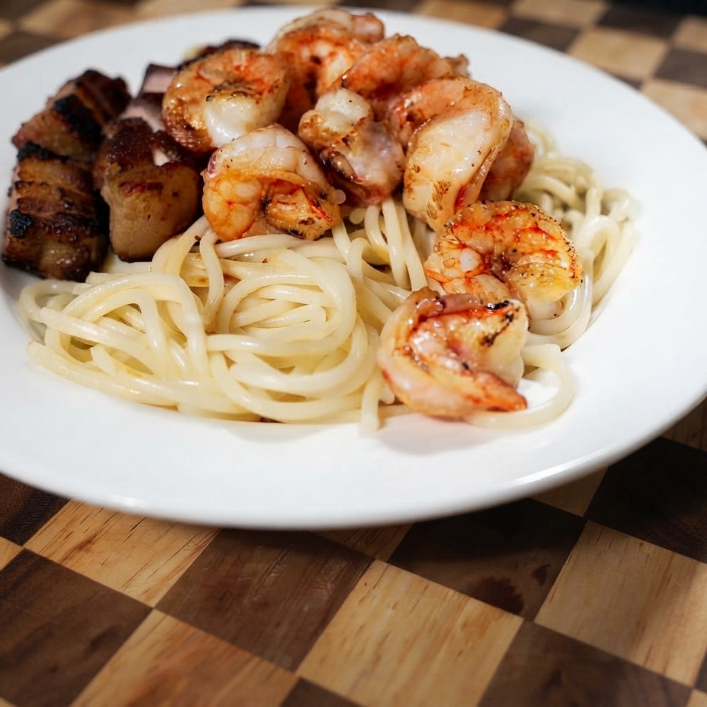 Gamberi saltati in padella disposti attorno alla pancetta e alla pasta su un piatto bianco.