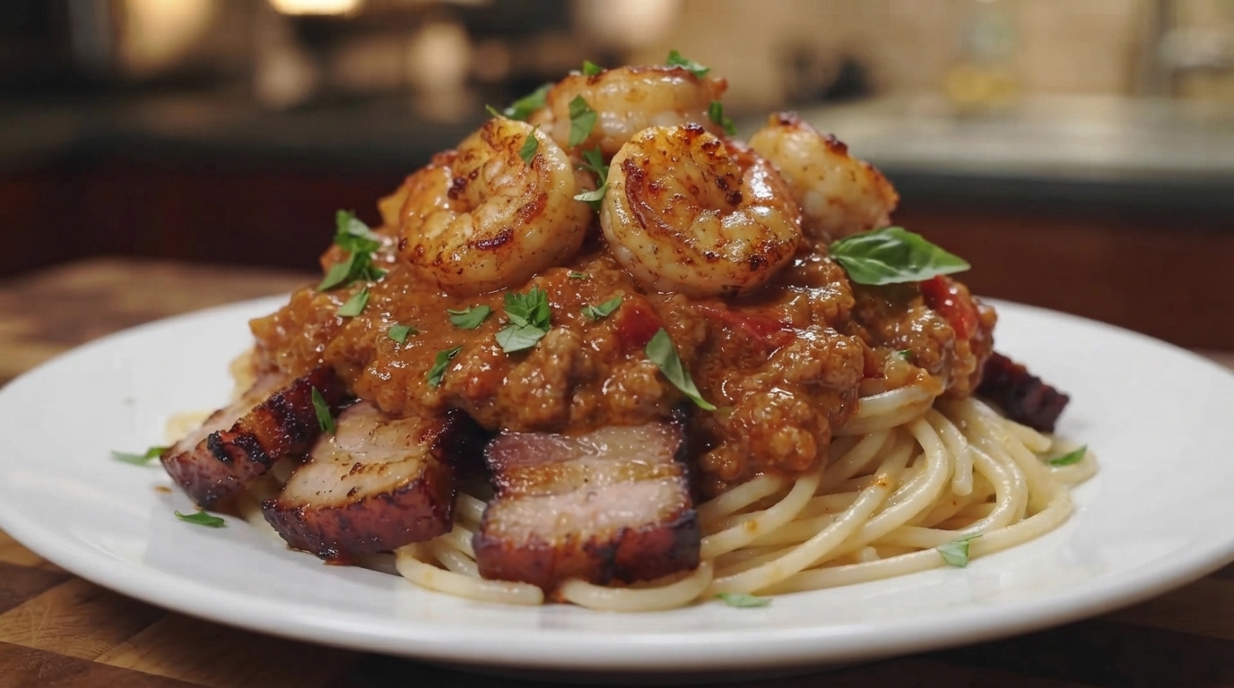 Esplosione di Sapori: Spaghetti Cremosi con Pancetta, Gamberi e Pomodoro