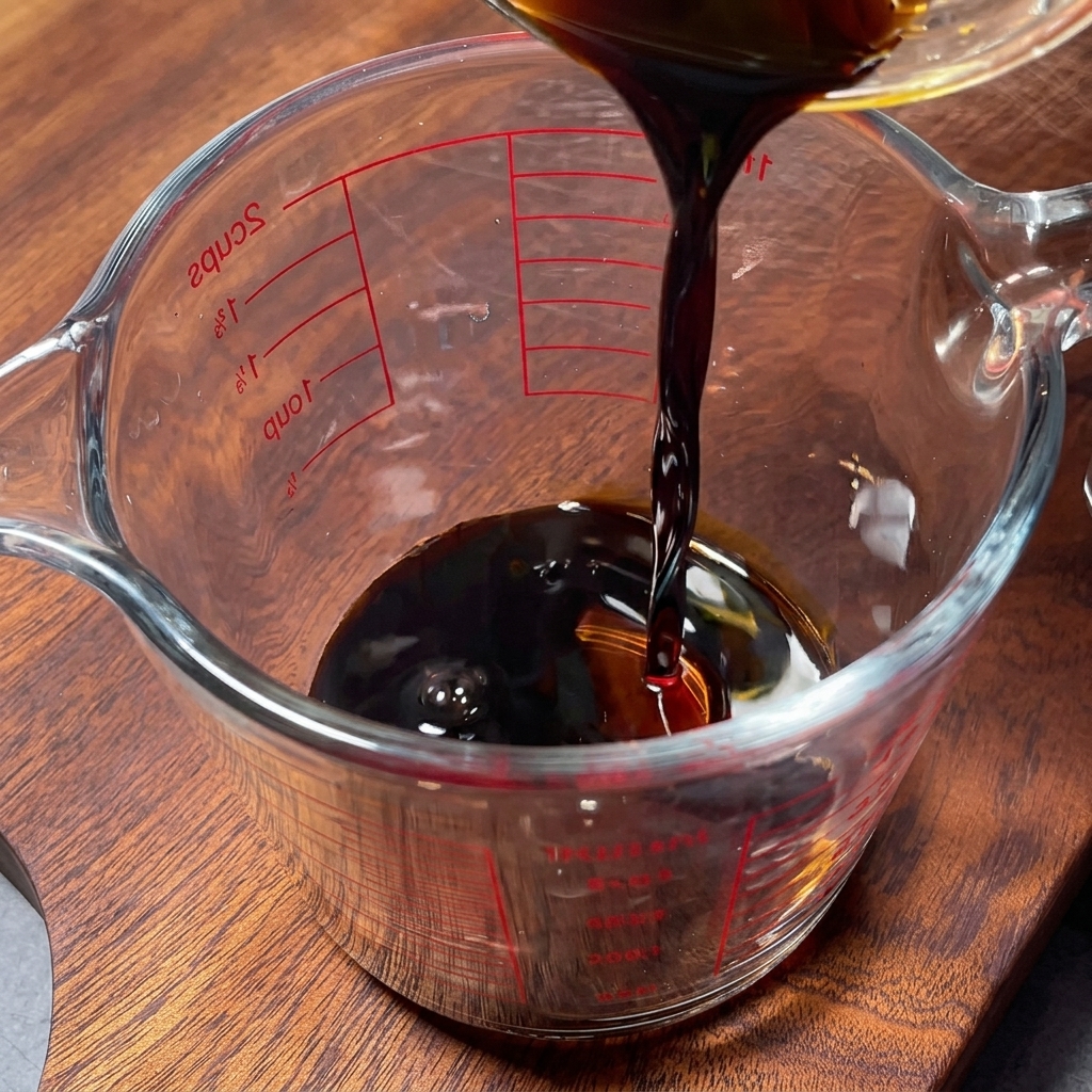 Salsa di soia scura versata in un misurino di vetro che contiene già acqua e condimenti scuri.