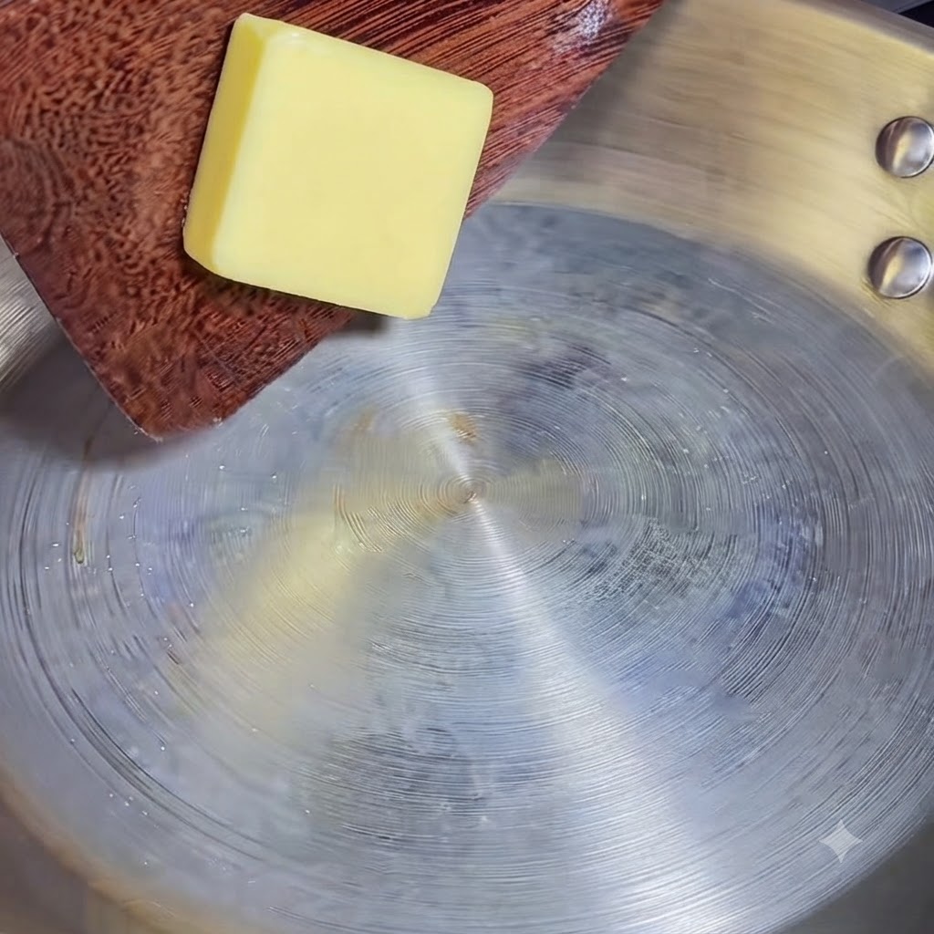 Un panetto quadrato di burro posato su una spatola di legno, che si scioglie in una padella di metallo calda.