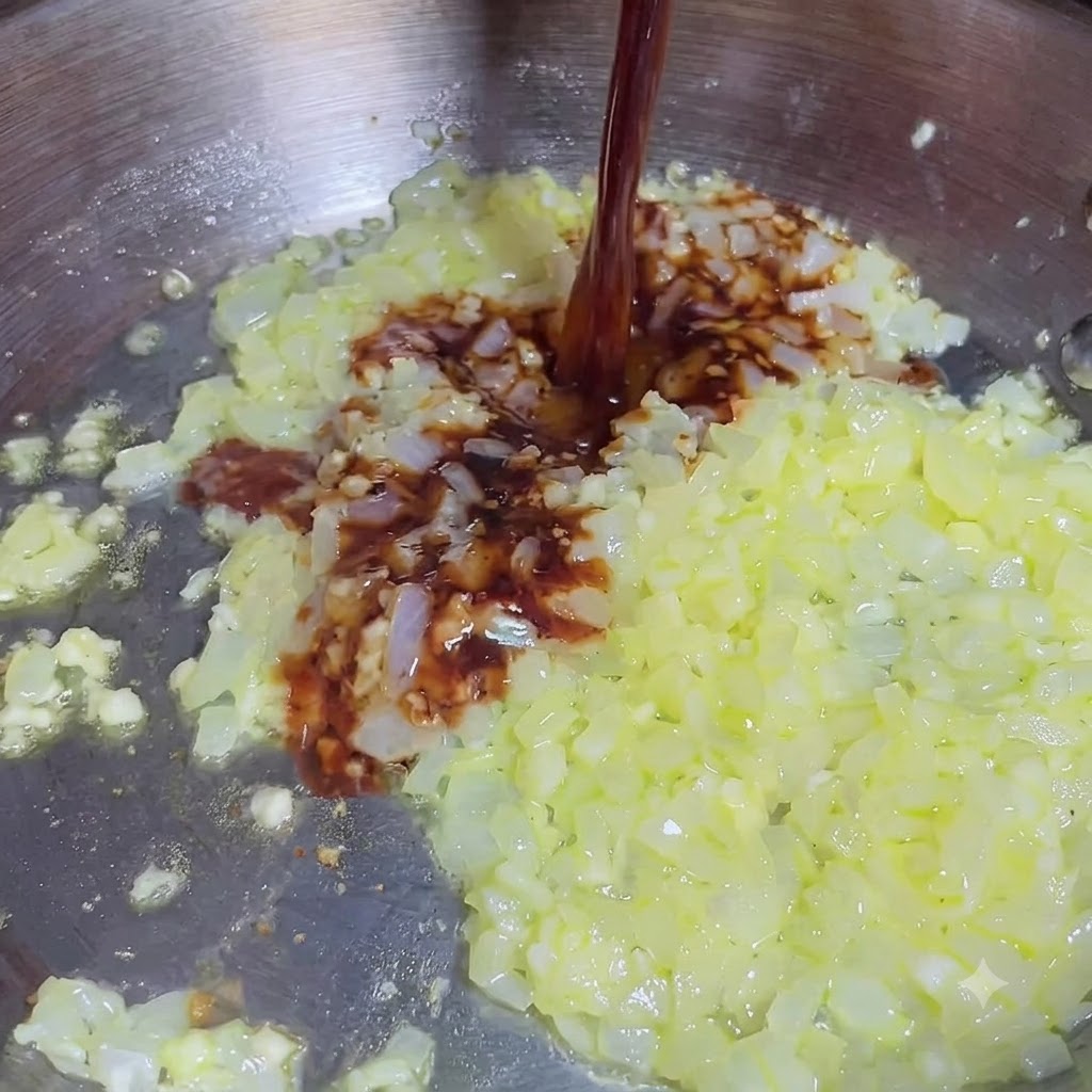 Condimento liquido scuro versato sopra cipolle a dadini e aglio tritato saltati in una padella.