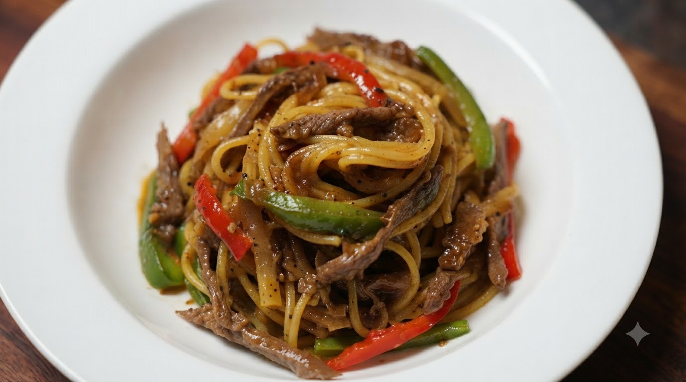Spaghetti con Straccetti di Manzo al Pepe Nero Saltati nel Wok