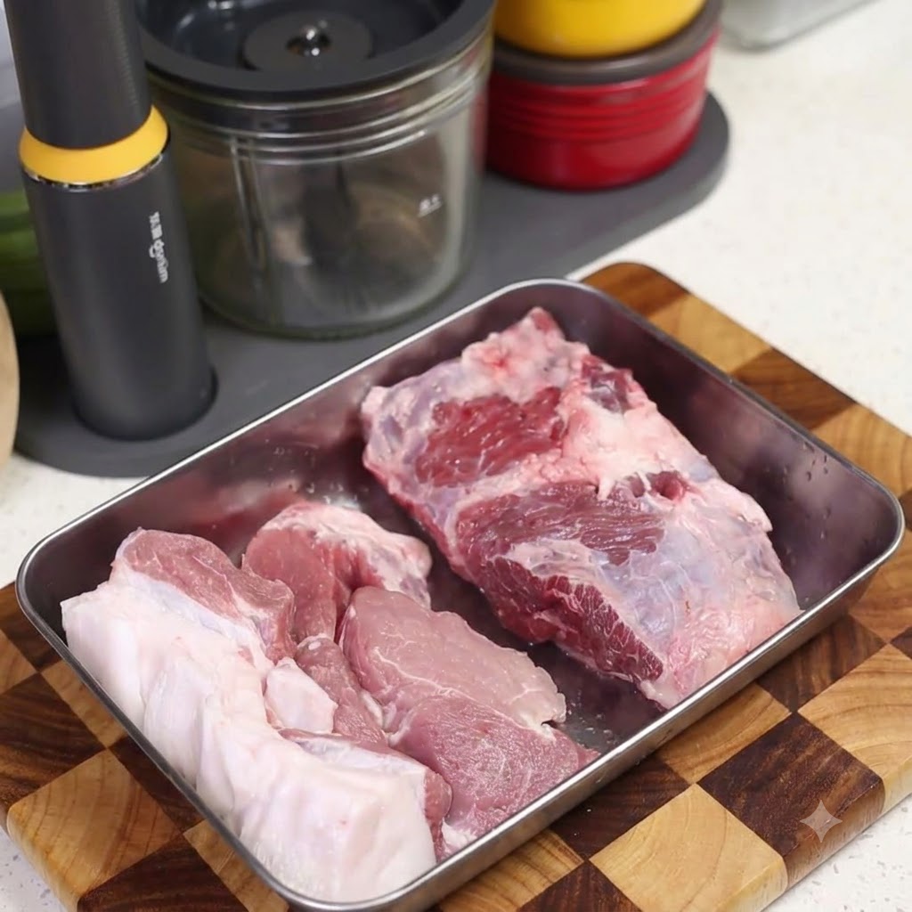 Pezzi di maiale crudo disposti su un tagliere di legno accanto a un utensile da cucina.