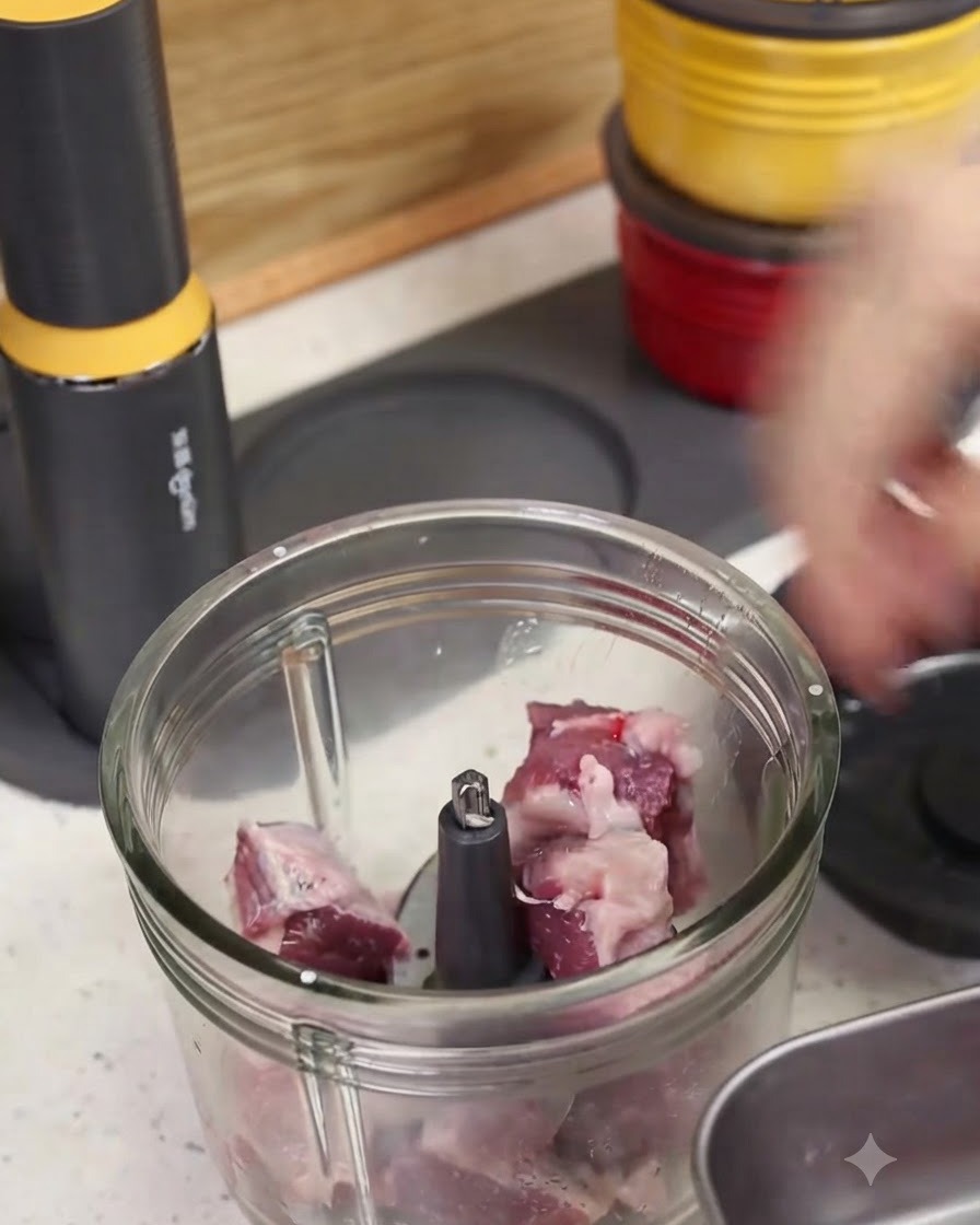 Pezzi di carne cruda allinterno di una ciotola di vetro trasparente per robot da cucina pronti per essere tritati.